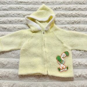 Vintage Butter Yellow Fleece-Type Material Hoodie Sweater Zip Up w/ Bunny Patch